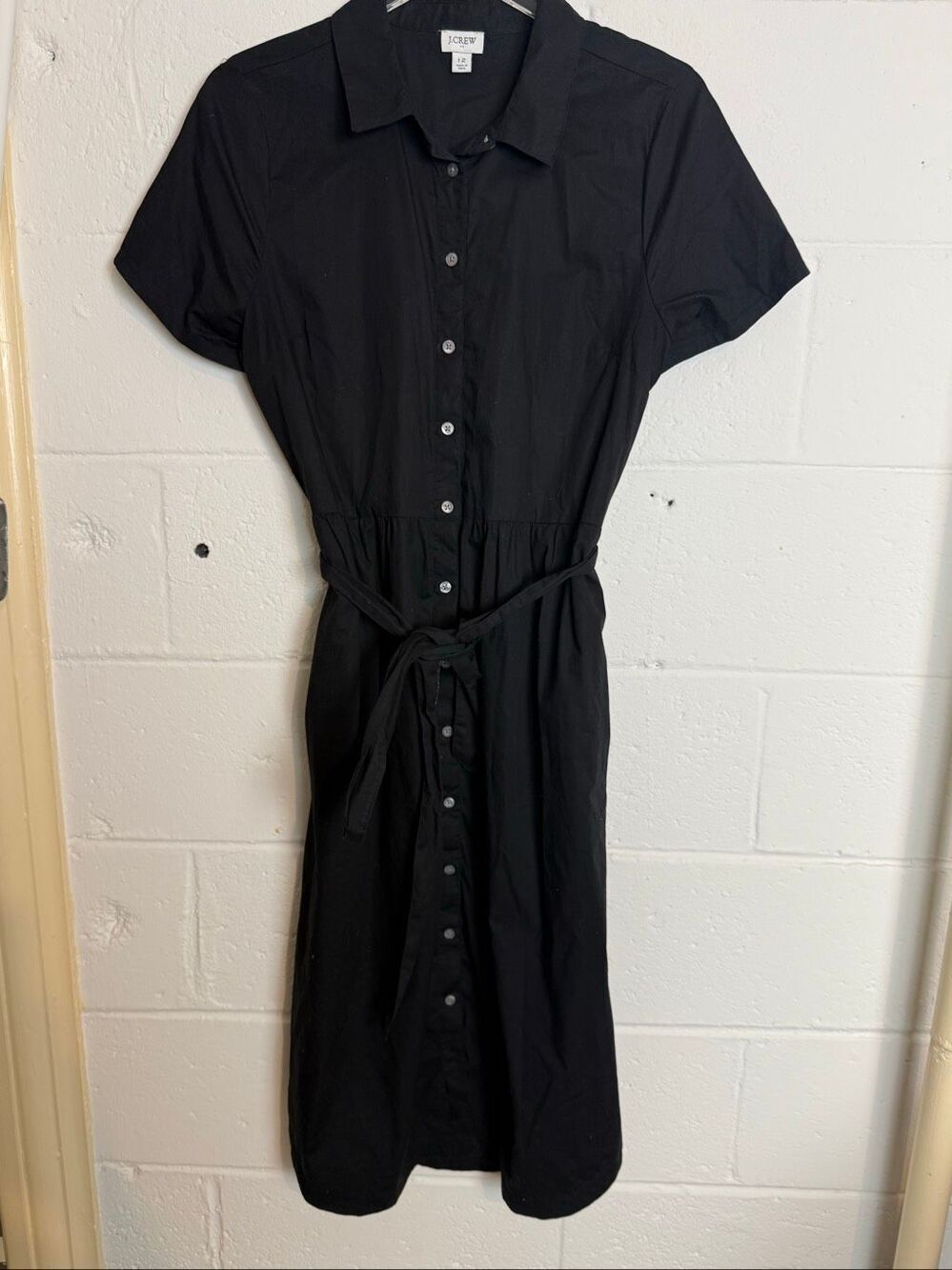 J.Crew Women’s Size 12 Black Cotton Stretch Button Front Midi Shirt Dress Belted